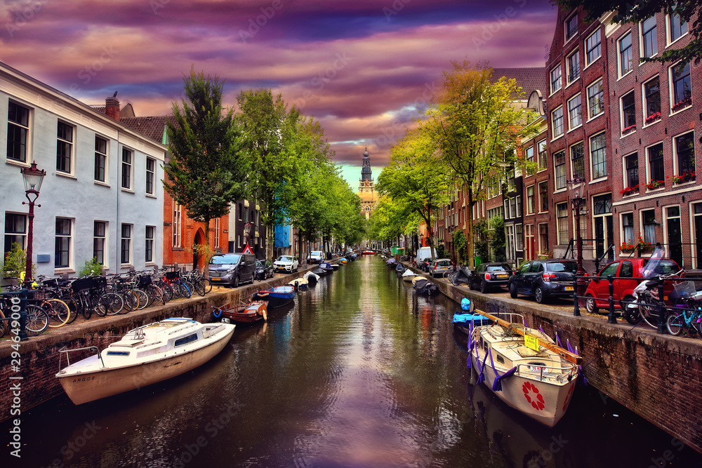 Canals of Amsterdam in cloudy weather