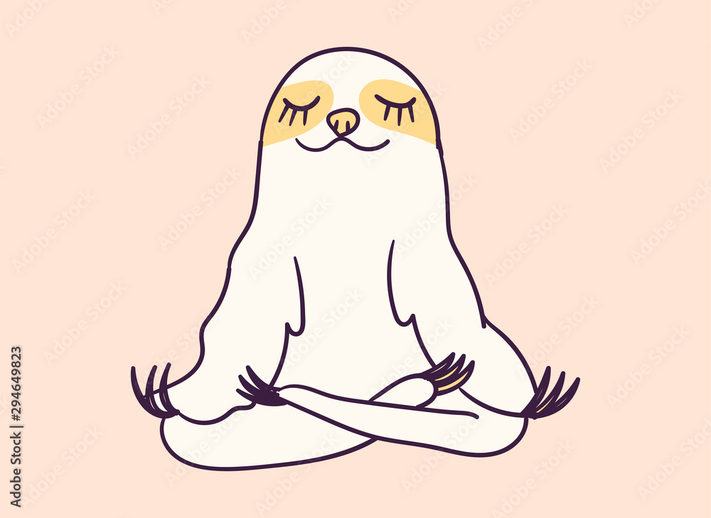 Cute cartoon character sloth doing meditation funny vector illustration. T-shirt print graphic art. Cute cartoon character sloth doing meditation funny vector illustration. T-shirt print graphic art.