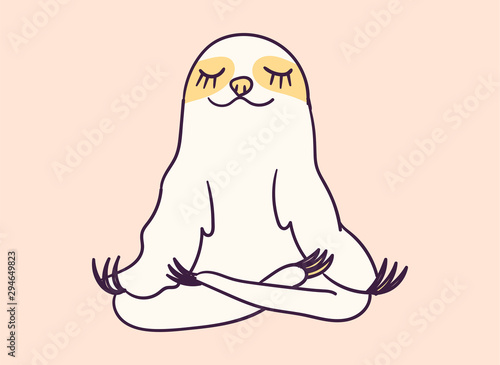 Cute cartoon character sloth doing meditation funny vector illustration. T-shirt print graphic art.