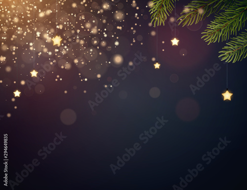 Christmas background design with yellow glowing stars, fir tree branches and gold glitter and confetti. Dark backdrop with space for text. Vector flyer or banner template.