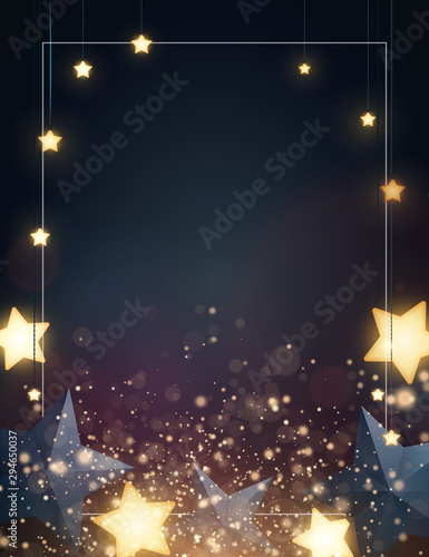 Christmas background design with yellow glowing stars, blue paper stars and gold confetti. Dark backdrop with space for text. Vector flyer or banner template.