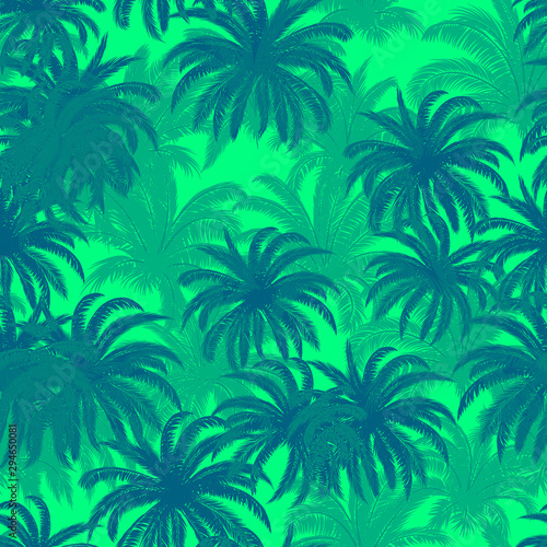 Seamless Background, Tropical Palm Trees, Crowns with Leaves, Green and Blue, Tile Pattern. Vector
