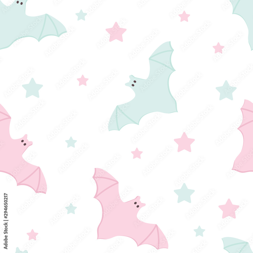 Halloween Seamless Pattern of Flying Bats and Stars icon. Cute Nursery room wallpaper, frame, card. Pastel colors scared Cartoon character isolated on white. Printable flat style