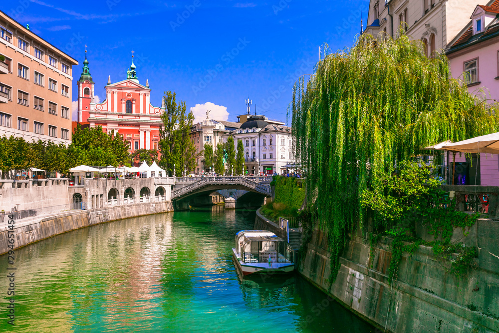 Travel and landmarks of Slovenia - beautiful Ljubljana capital city with charming downtown and canals