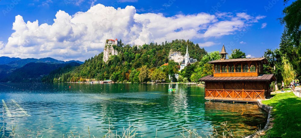 Beautiful romantic lake Bled in Slovenia. view with castle over rock