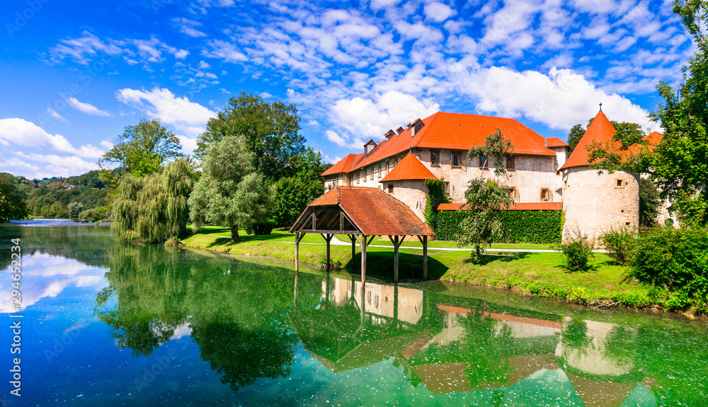 Wonderful romantic castle on the island medieval Grad Otocec in Krka river, Slovenia