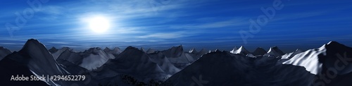 Fototapeta Naklejka Na Ścianę i Meble -  SnSnow peaks against the sky. Panorama of the mountains at sunset. 3D rendering.ow peaks against the sky. Panorama of the mountains at sunset. .