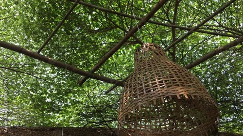 Fishing tools made of bamboo, hung on a tree.