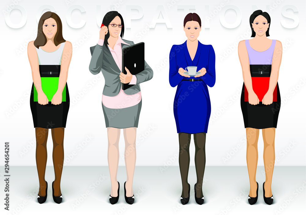 Naklejka premium Business ocupation. Women character icons show dress office variations.