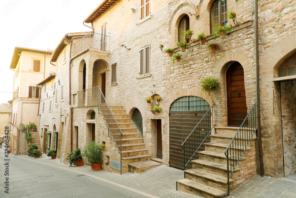 Beautiful Italian old city. Typical medieval architecture on street in the heart of Italy.