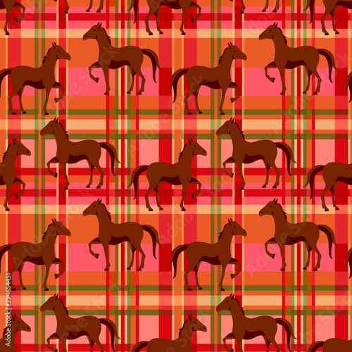 Seamless pattern with horse on a red plaid background
