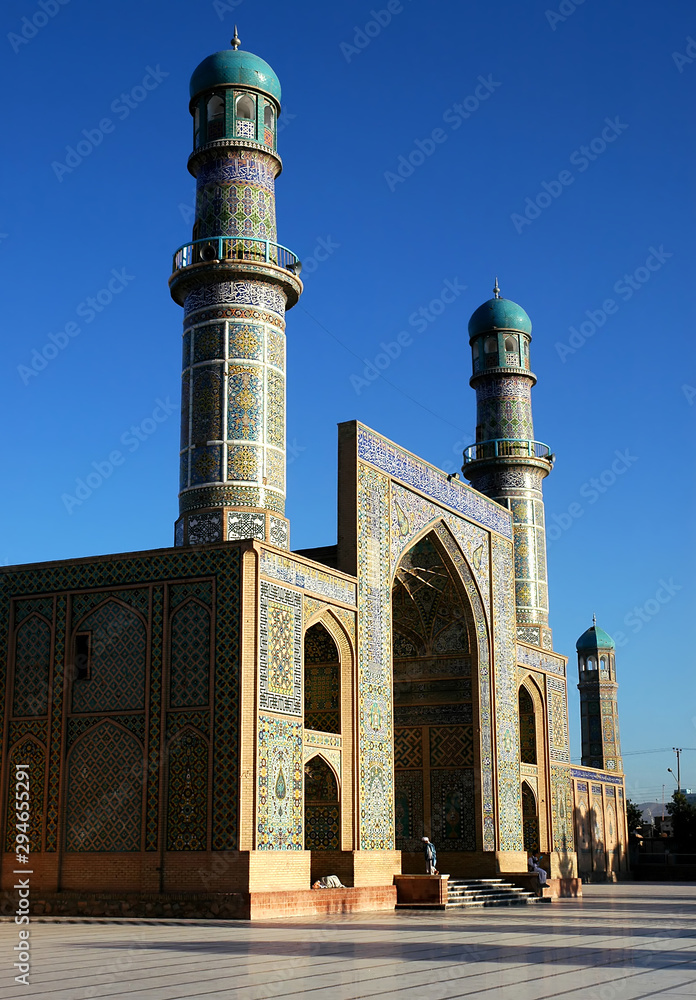 Herat in western Afghanistan. The Great Mosque of Herat (Friday Mosque or Jama Masjid). The mosque is decorated with mosaics and Quranic calligraphy. The mosque is one of the oldest in Afghanistan.
