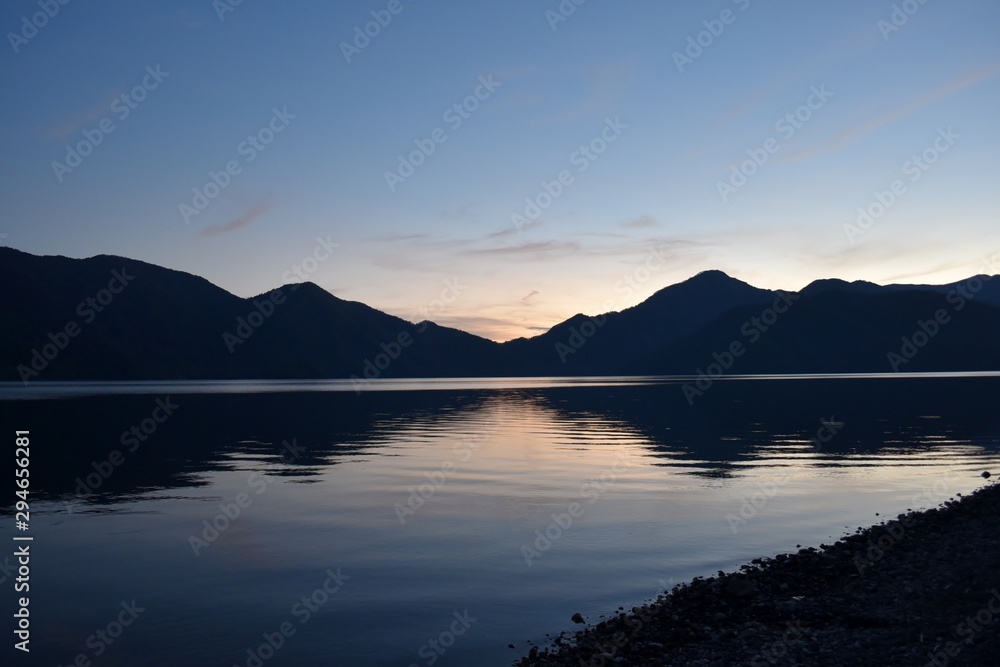 Peaceful blue sunset at Chuzenji lake, Nikko Japan