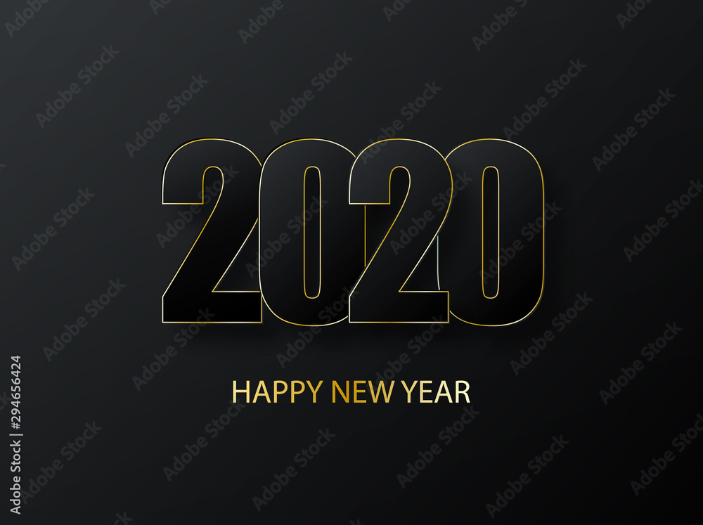 2020 Happy New Year Background. luxury dark with gold vector greeting illustration. Cover of business diary for 2020 with wishes. Greetings and invitations, christmas themed congratulations and cards.