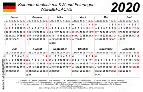 Kalender 2020 - Weiß - quer - deutsch - mit Feiertagen (85 x 54 mm)