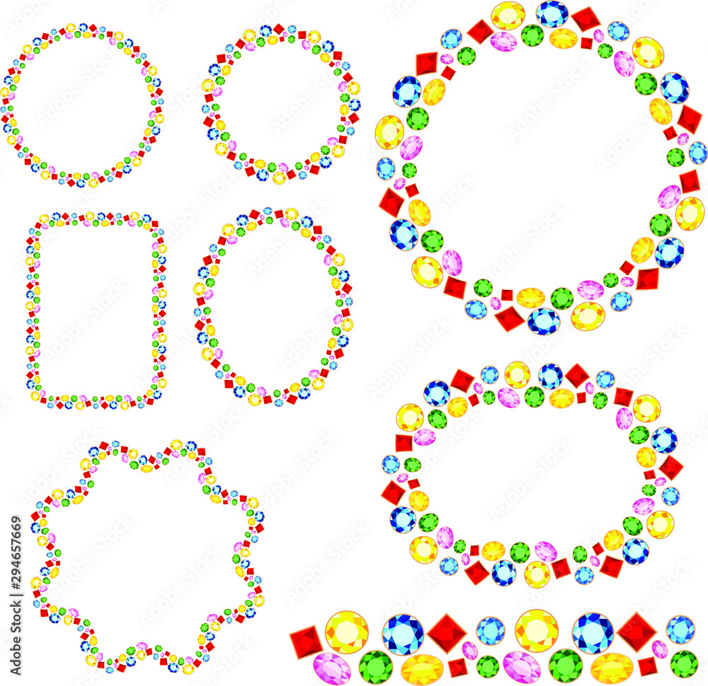 Set of gemstones frames. Different shapes, vector jewelry illustration. Endless horizontal pattern brush. For invitations, announcements, postcards, posters. Set of gemstones frames. Different shapes, vector jewelry illustration. Endless horizontal pattern brush. For invitations, announcements, postcards, posters.