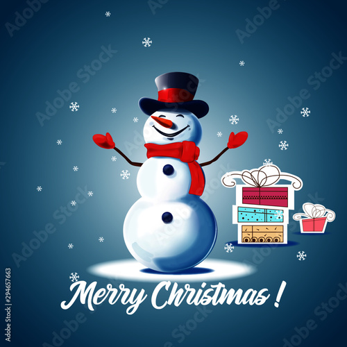 Christmas card with snowman and gifts. Snowman on a blue background. Christmas picture. Vector snowman with the words Merry Christmas.