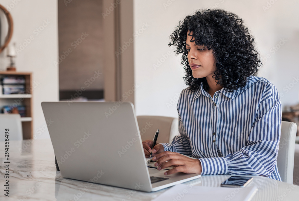 Young female entrepreneur working at home on her laptop Young female entrepreneur working at home on her laptop