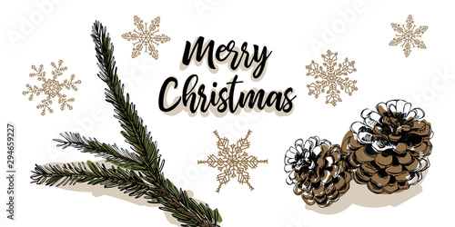 Christmas greeting with decorative christmas tree and pine cone and ice crystals with type - hand drawn retro look- for horizontal christmas cards