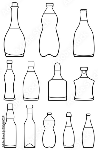 Set of twelve beverage bottles in lines