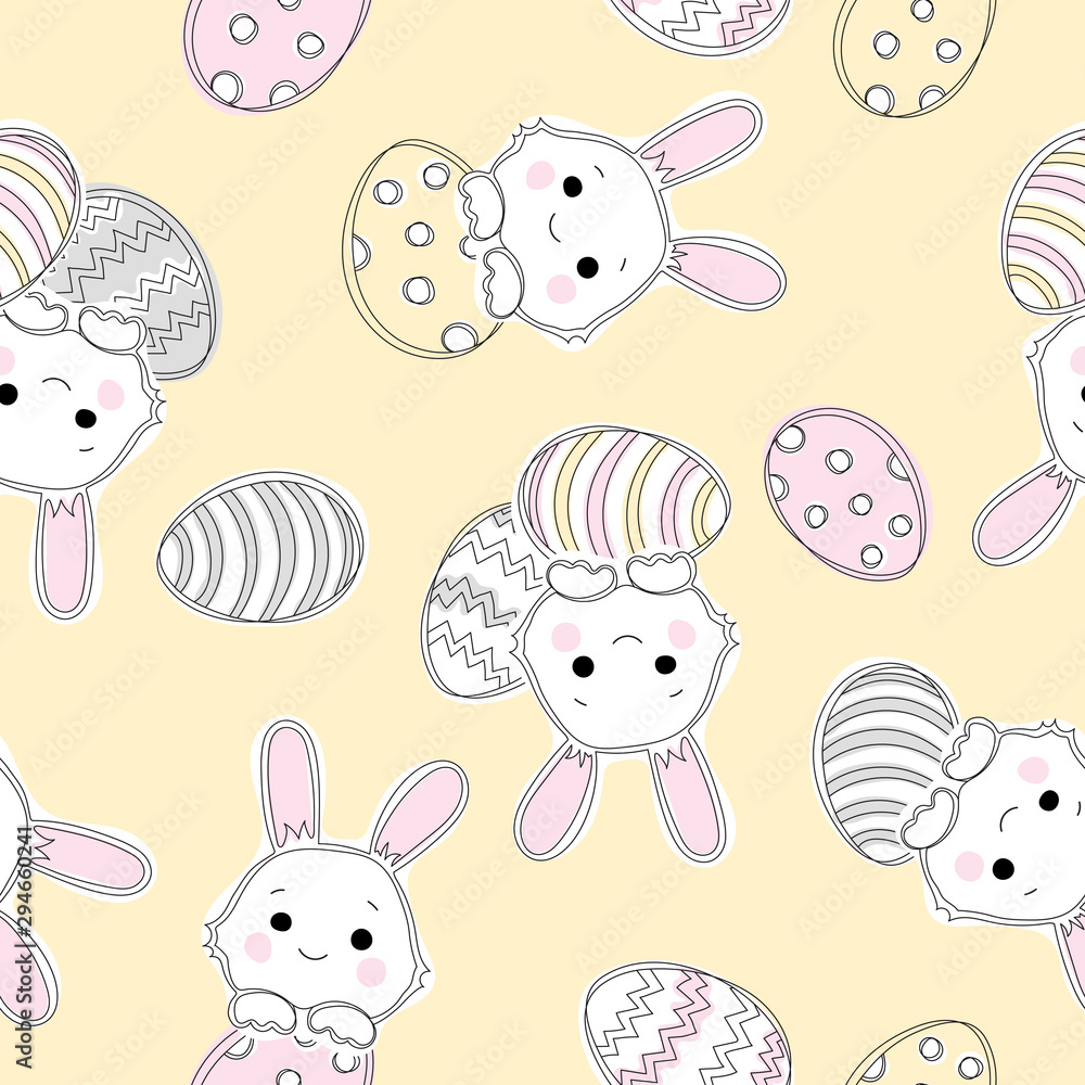 Easter pattern of happy sweet easter filled with easter bunnies and easter eggs seamless background.