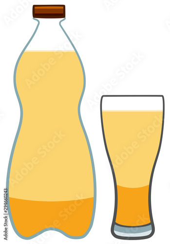 Plastic bottle and glass with light beer