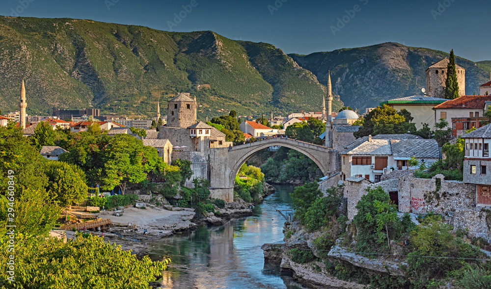 View on the medieval bridge of Mostar