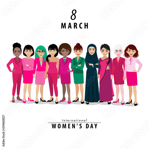 International Women's Day. Vector template with for card, poster, flyer and other. Different nationalities and dress styles standing together. Cartoon character or flat design vector