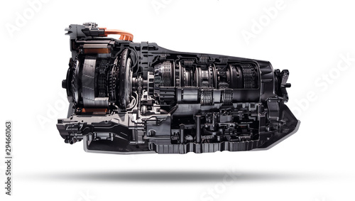Automatic transmission gearbox in cross section. Automobile transmission gearbox on white background. photo