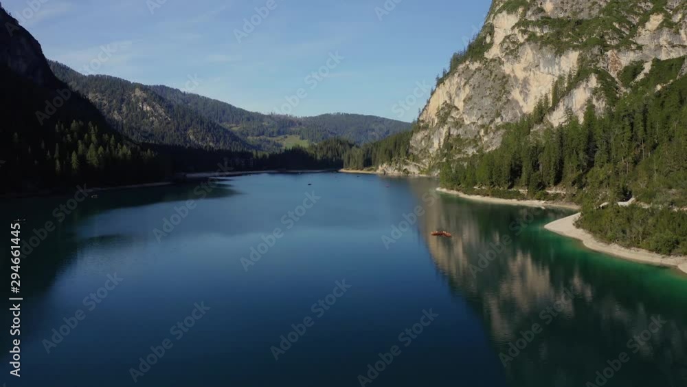 Beautiful Aerial 4K Lago di Braies Lake in the Dolomites with Mountain View.Italy Dolomites 4k Footage Drone Shot in UHD 4K Beautiful Aerial 4K Lago di Braies Lake in the Dolomites with Mountain View.Italy Dolomites 4k Footage Drone Shot in UHD 4K