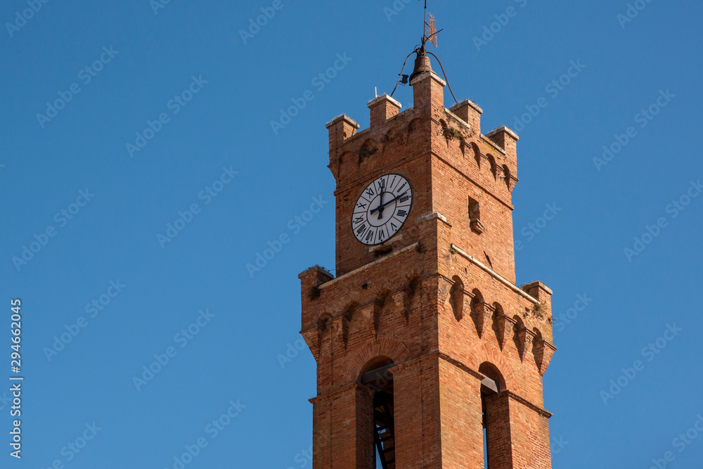 Detail of the tower of the municipality of Pienza, in the province of Siena, Italy.