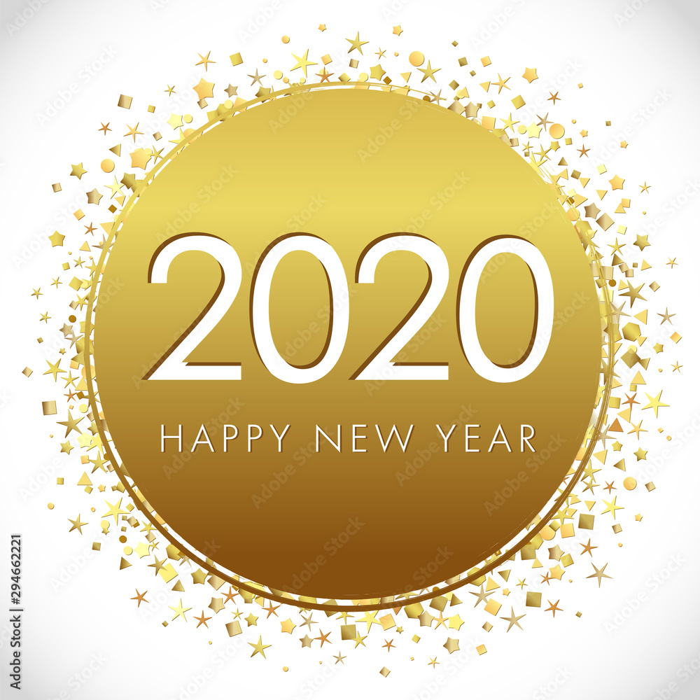 2020 A Happy New Year greeting card. Xmas eve shiny background. Golden holiday numbers and text. Round logotype. Abstract isolated graphic design template. Calender title. Digits for seasonal sale.