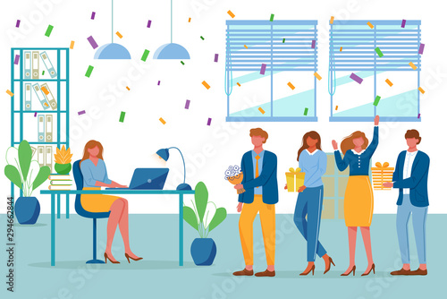 Birthday party in office flat vector illustration. Workers organize holiday, congratulate boss. Interaction, entertainment at workplace. Business team giving gifts to colleague cartoon characters