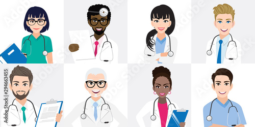Group of doctors team standing together in different poses. Team of medical workers on a white background. Hospital staff. Cartoon character design vector