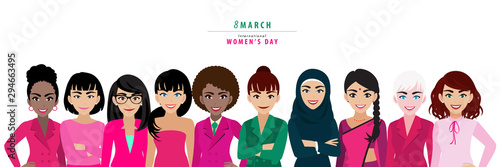 International Women's Day. Vector template with for card, poster, flyer and other. Different nationalities and dress styles standing together. Cartoon character or flat design vector