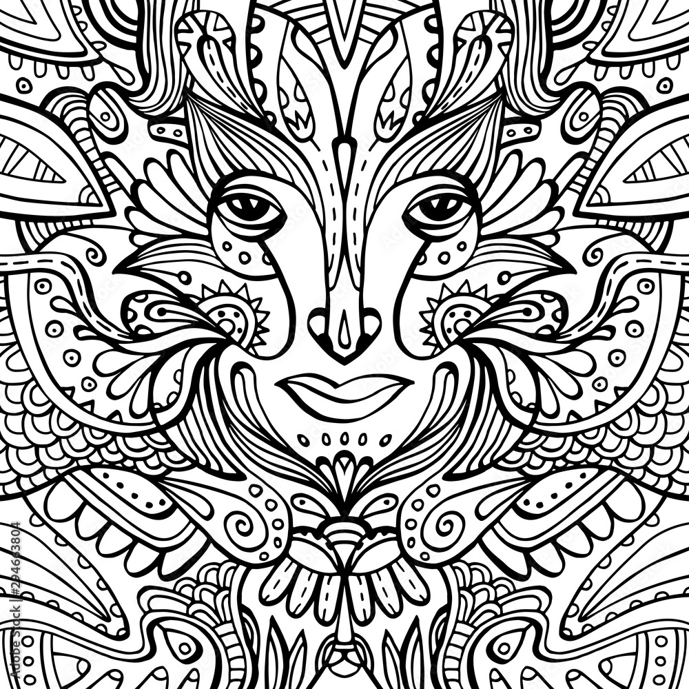 Flower-face coloring page. Hand-drawn with ethnic floral doodle pattern. Zendala, design for spiritual relaxation for adults. Black vector illustration on a white background.