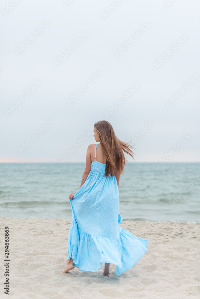 Back of beautiful girl with long hair in a blue  dress on the background of seaside