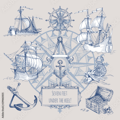 Set of decorative elements for the design of an old geographical map. Ancient caravel, sea monsters, anchor, ship's wheel, compass-meter, wind rose, framework for inscriptions, cartouche.