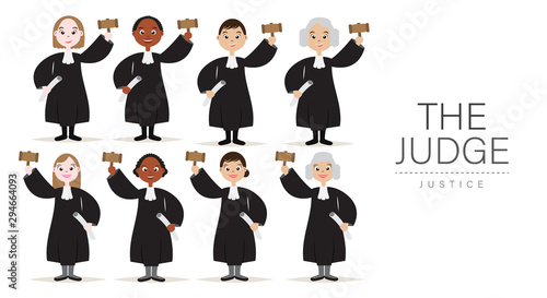 Set of The Judges Cartoon Character White and Dark Skinned Collection Design with Hold the hammer for Judge and Justice.
