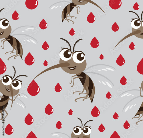 Vector Seamless pattern Mosquito Cartoon Character with red blood.