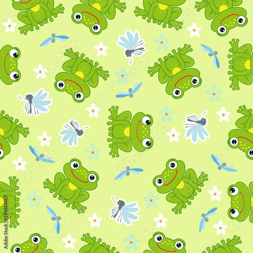 Funny frogs and mosquitoes. Vector seamless pattern for fabric, wallpaper, wrapping paper, for kids. © Shalyapina
