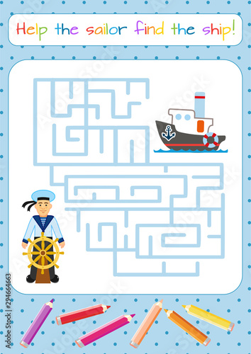 Sailor in Russian naval military uniform. Labyrinth, maze. Educational game for children. Cartoon vector illustration