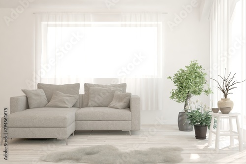 Stylish room in white color with sofa. Scandinavian interior design. 3D illustration
