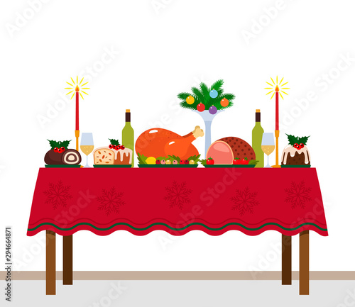 traditional festive christmas table with tablecloth, turkey and christmas pudding. Congratulatory decor for the new year. vector illustration