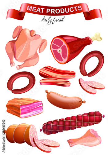 Colorful meat products collection for food market advertising design. Isolated on white