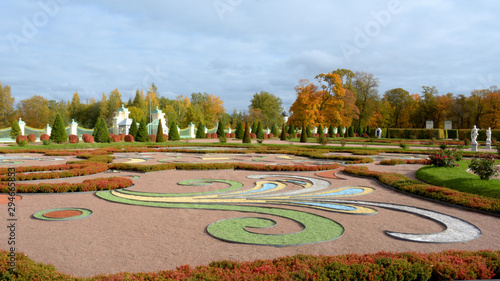 garden park decoration landscape on a sunny autumn day with bright colors red and yellow leaves and blue sky in Oranienbaum near Saint Petersburg, Russia