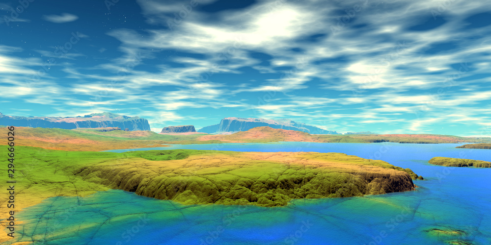Alien Planet. Mountain and lake. 3D rendering Alien Planet. Mountain and lake. 3D rendering
