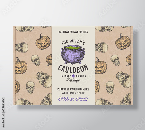 Halloween Sweets Pattern Realistic Cardboard Box with Banner. Abstract Vector Packaging Design or Label. Hand Drawn Witch Cauldron, Pumpkins and Sculls Sketches. Craft Paper Background Layout.