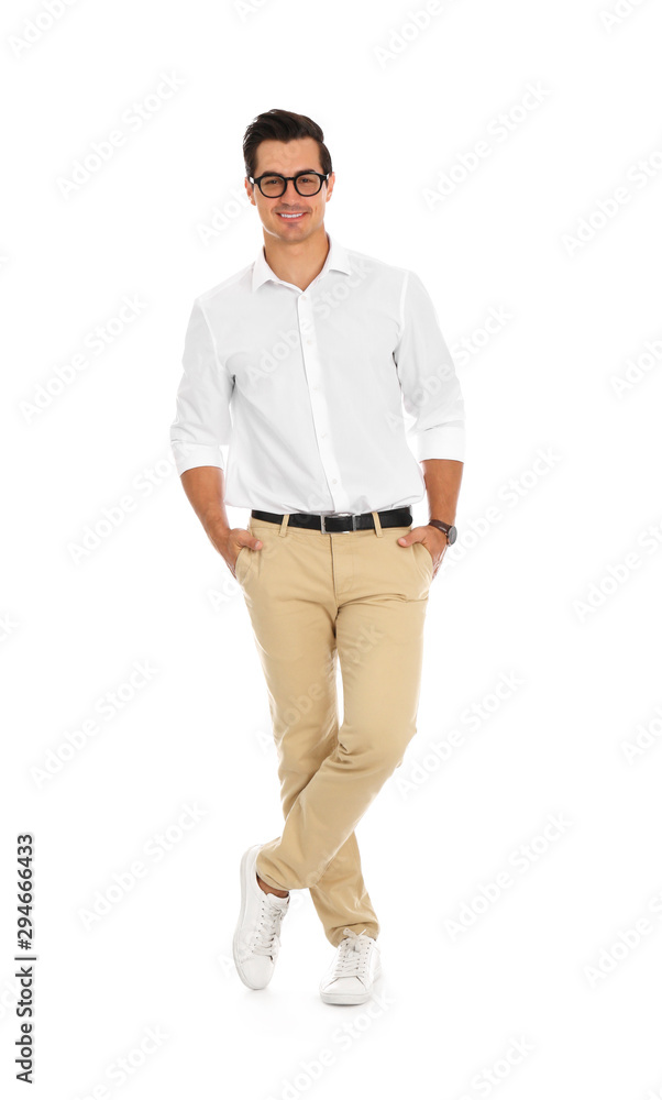 Fototapeta premium Professional business trainer with glasses on white background