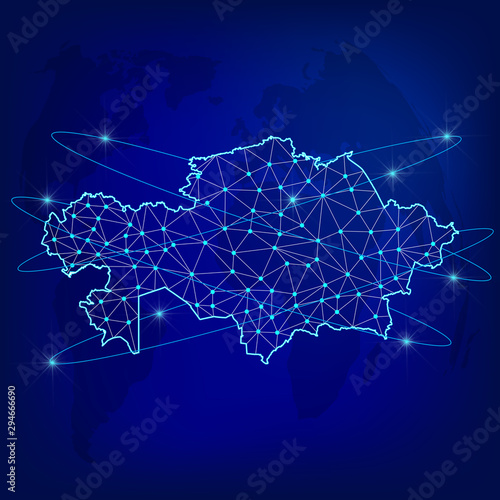 Global logistics network concept. Communications network map Kazakhstan on the world background. Map of  Kazakhstan  with nodes in polygonal style. Vector illustration EPS10. 